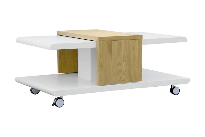 Sofabord Joliet 110 cm med Oppbevaringshyller på Hjul - Hvit/Tre - Hev og senkbart sofabord - Sofabord med oppbevaring - Sammenleggbart bord - Marmorbord - Sofabord & salongbord - Sofabord med hjul