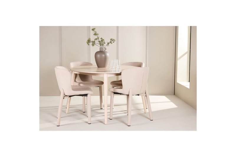 Spisegruppe Flora Rund 120 cm Hvit med 4 stk Astoria stoler Beige - Beige - Møbler - Bord - Spisegruppe