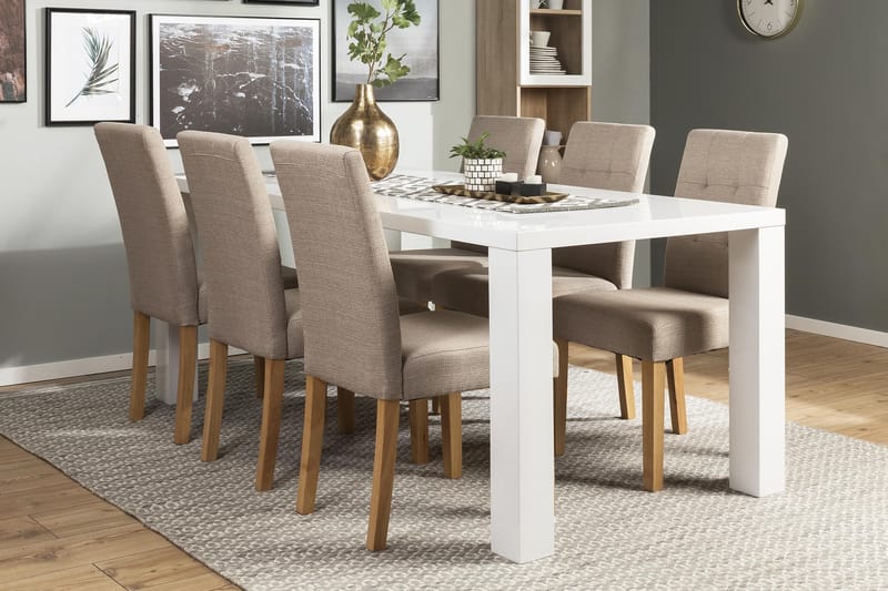 Spisegruppe Jack Hvit - Med 6 Leo Stoler Beige|Eikeben - Møbler - Bord - Spisegruppe