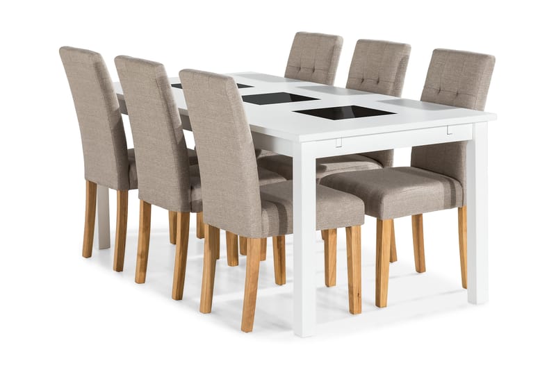 Spisegruppe Octavia Hvit - Med 6 Leo Stoler Beige|Eikeben - Møbler - Bord - Spisegruppe