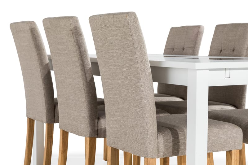 Spisegruppe Octavia Hvit - Med 6 Leo Stoler Beige|Eikeben - Møbler - Bord - Spisegruppe