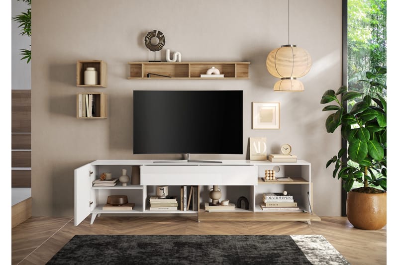 Monaco Tv-bänk 241x42 cm - Hvit/Brun - Møbler - TV- & Mediamøbler - TV benk & mediabenk