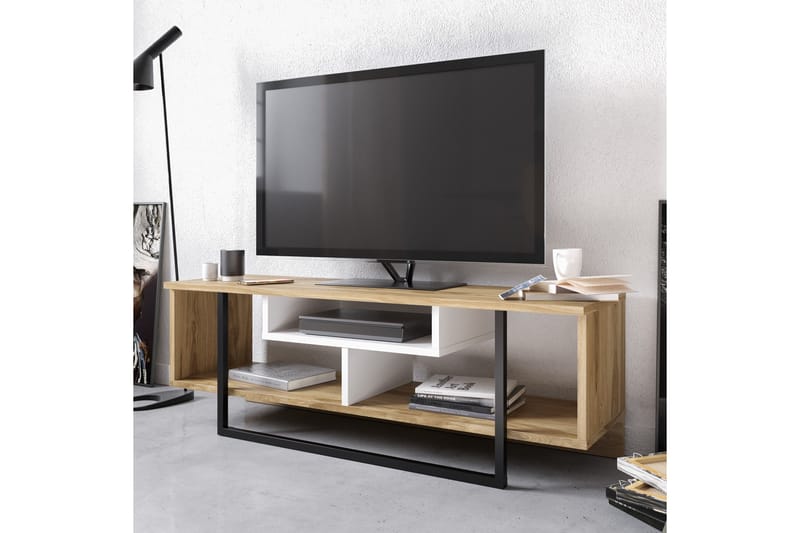 TV-benk Cyrine 119 cm - Hvit/Svart/Eik - Møbler - TV- & Mediamøbler - TV benk & mediabenk