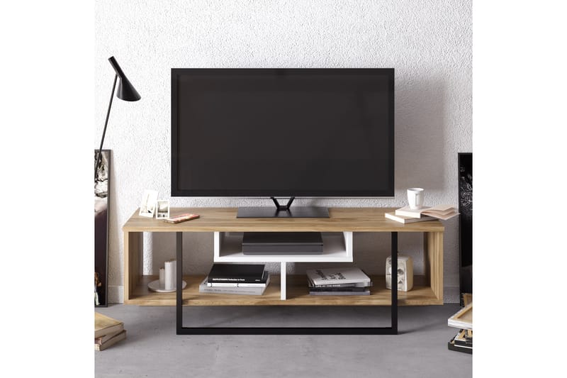 TV-benk Cyrine 119 cm - Hvit/Svart/Eik - Møbler - TV- & Mediamøbler - TV benk & mediabenk