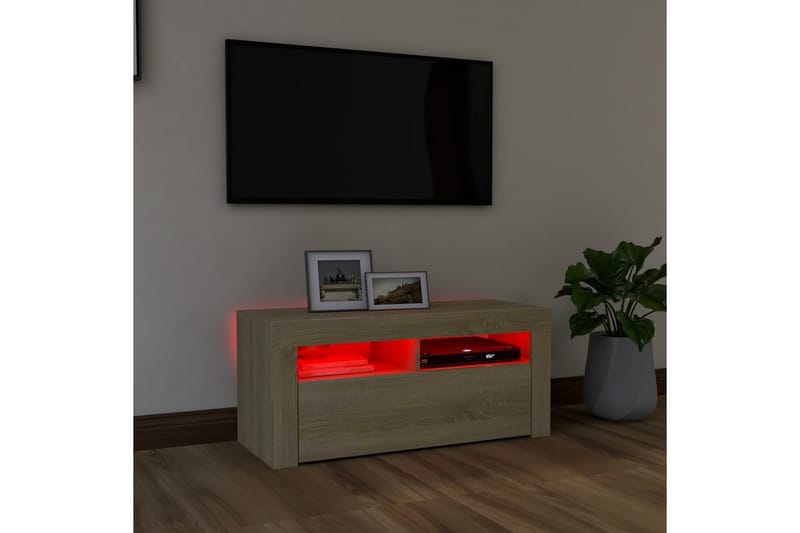 TV-benk med LED-lys sonoma eik 90x35x40 cm - Brun - Møbler - TV- & Mediamøbler - TV benk & mediabenk