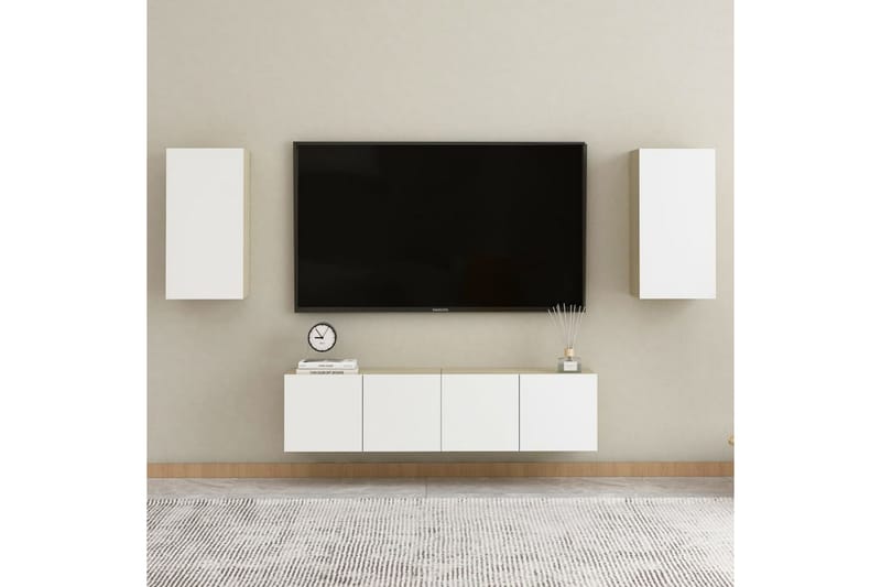 TV-benker 2 stk hvit og sonoma eik 30,5x30x60 cm sponplate - Beige - Møbler - TV- & Mediamøbler - TV benk & mediabenk