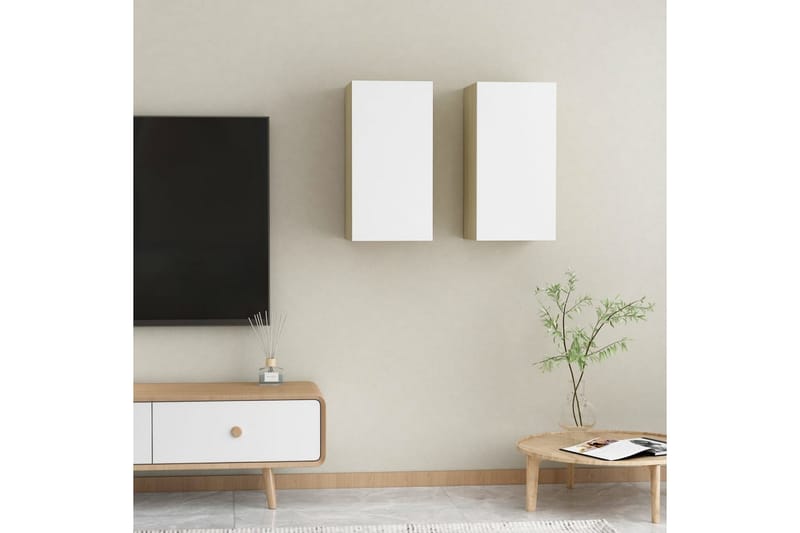 TV-benker 2 stk hvit og sonoma eik 30,5x30x60 cm sponplate - Beige - Møbler - TV- & Mediamøbler - TV benk & mediabenk