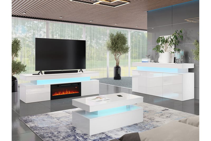 TV benk Glenndale med oppbevaring + LED-kamin + Belysning 190 cm - Hvid - Møbler - TV- & Mediamøbler - TV-skap