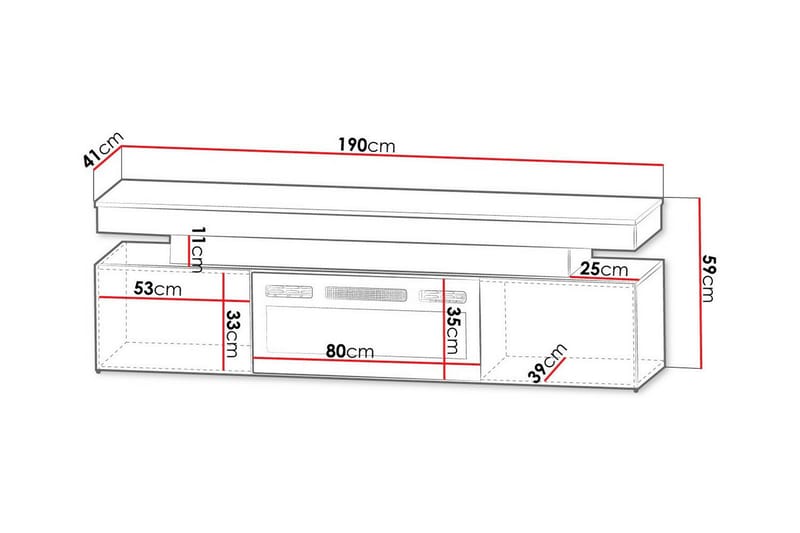 TV-benk Glenndale med oppbevaring + LED-kamin + Belysning 190 cm - Svart - Møbler - TV- & Mediamøbler - TV-skap