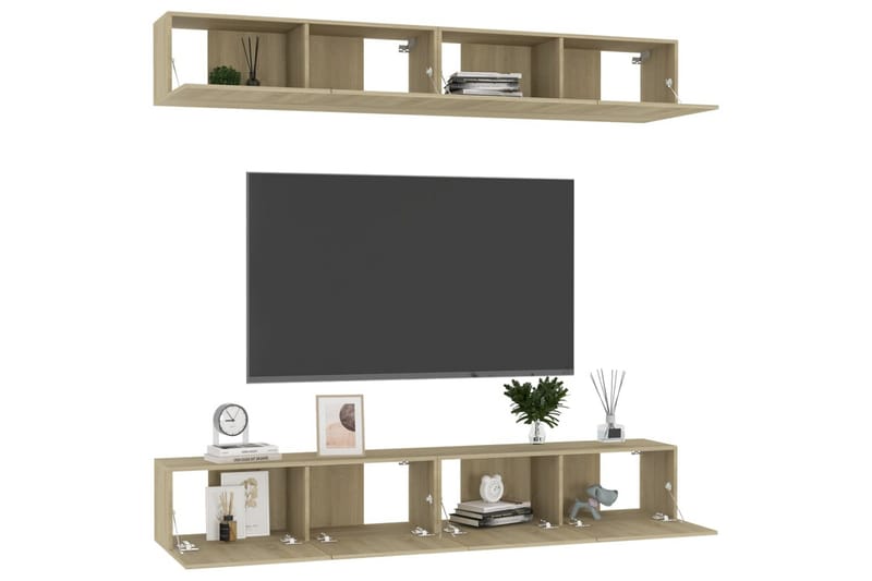 TV-benker 4 stk hvit og sonoma eik 100x30x30 cm sponplate - Brun - Møbler - TV- & Mediamøbler - TV-skap