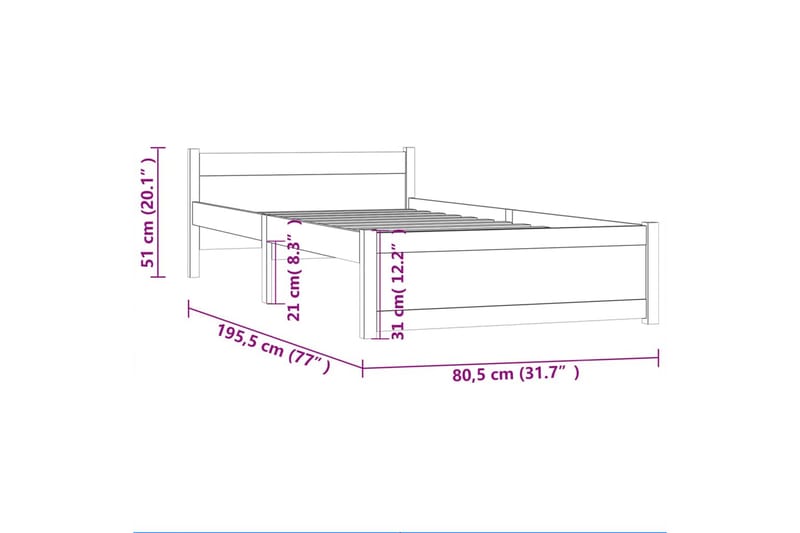 beBasic Sengeramme hvit heltre 75x190 cm 2FT6 Small Single - Hvit - Møbler - Senger - Sengeramme & sengestamme