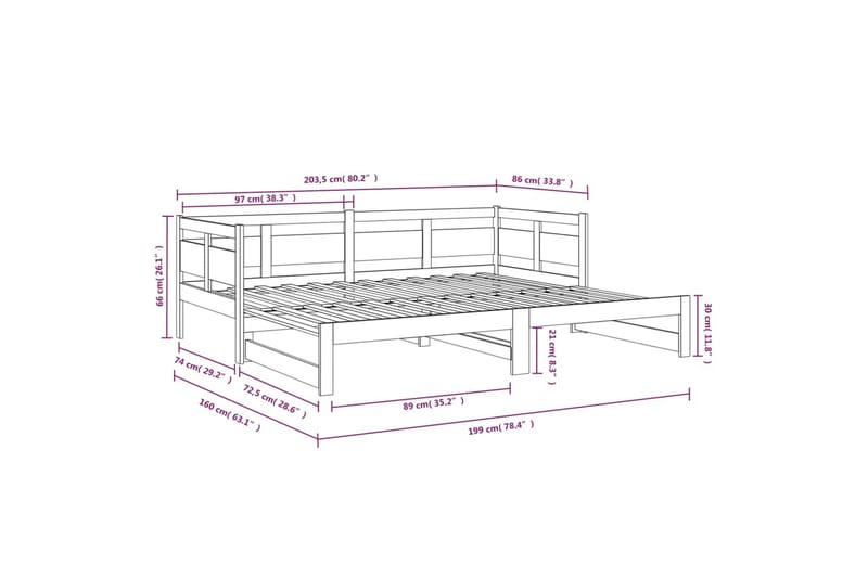 beBasic Uttrekkbar dagseng honningbrun heltre furu 2x(80x200) cm - Brun - Møbler - Senger - Sengeramme & sengestamme