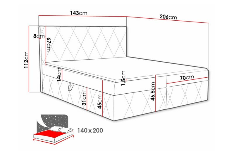 Kontinentalseng Kintore 140x200 cm - Mørkerød - Møbler - Senger - Kontinentalsenger