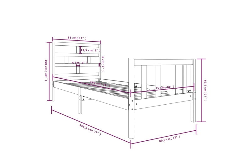 Sengeramme heltre furu 75x190 cm 2FT6 Small Single - Brun - Møbler - Senger - Sengeramme & sengestamme