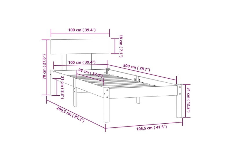 Sengeramme hvit heltre furu 100x200 cm - Hvit - Møbler - Senger - Sengeramme & sengestamme