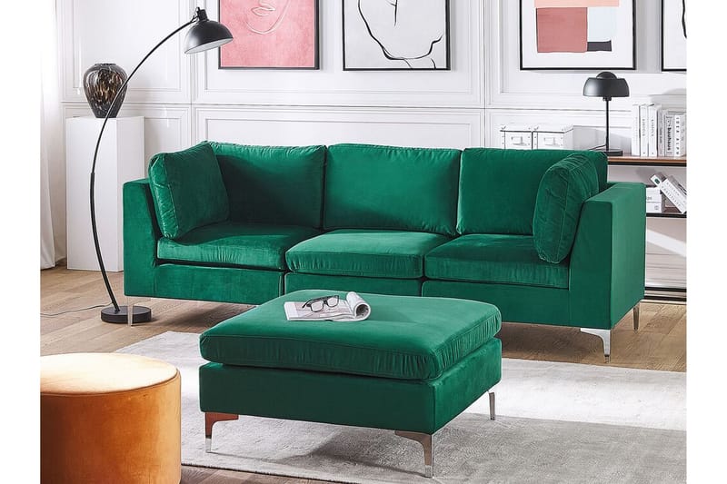 3-seters Sofa Samkom med Fotskammel - Fløyel/Grønn - Møbler - Sofaer - 3 seter sofa