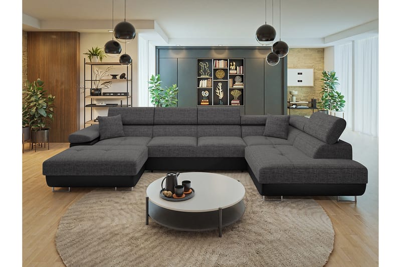 Gabina Sofa med Divan og Sjeselong 4-seter - Svart/Grå - Møbler - Sofaer - Sofaer med sjeselong - 4 seters sofa med divan