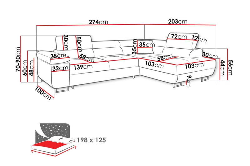 Gabina Sofa med Sjeselong 3-seter - Blå - Møbler - Sofaer - Sofaer med sjeselong - 3 seters sofa med divan