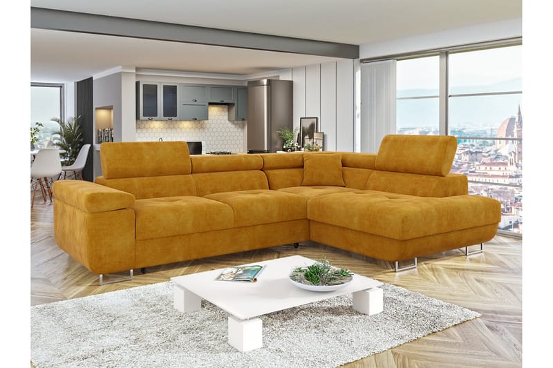 Gabina Sofa med Sjeselong 3-seter - Gul - Møbler - Sofaer - Sofaer med sjeselong - 3 seters sofa med divan