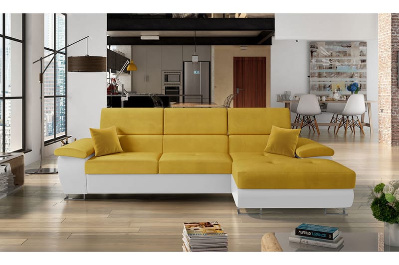 Reginia Sofa med Divan 3-seter - Gul/Hvit - Møbler - Sofaer - Sofaer med sjeselong - 3 seters sofa med divan