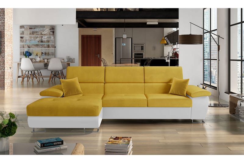 Reginia Sofa med Divan 3-seter - Gul/Hvit - Møbler - Sofaer - Sofaer med sjeselong - 3 seters sofa med divan