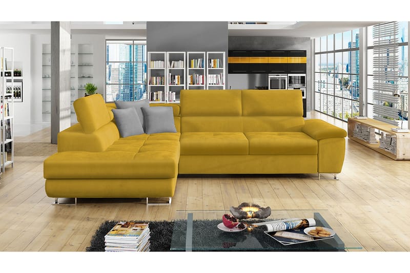 Reginia Sofa med Sjeselong 3-seter - Gul/Lys grå - Møbler - Sofaer - Sofaer med sjeselong - 3 seters sofa med divan