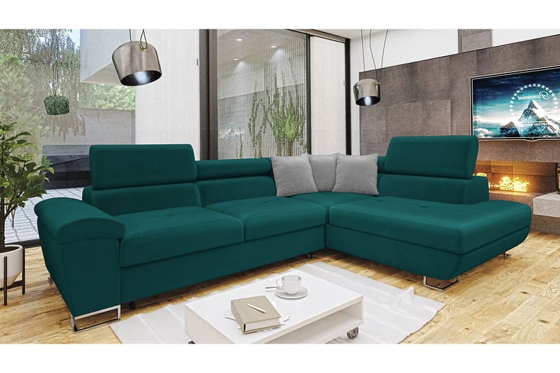 Reginia Sofa med Sjeselong 3-seter - Turkis/Lys grå - Møbler - Sofaer - Sofaer med sjeselong - 3 seters sofa med divan