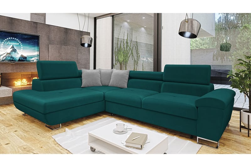 Reginia Sofa med Sjeselong 3-seter - Turkis/Lys grå - Møbler - Sofaer - Sofaer med sjeselong - 3 seters sofa med divan