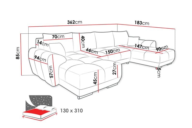 Simerly Sofa Dobbeldivan 4-seter - Grå - Møbler - Sofaer - U-sofa