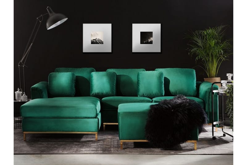 Hjørnesofa Sharmon Høyre + Fotskammel - Grønn/Fløyel - Møbler - Sofaer - Sofaer med sjeselong - 4 seters sofa med divan