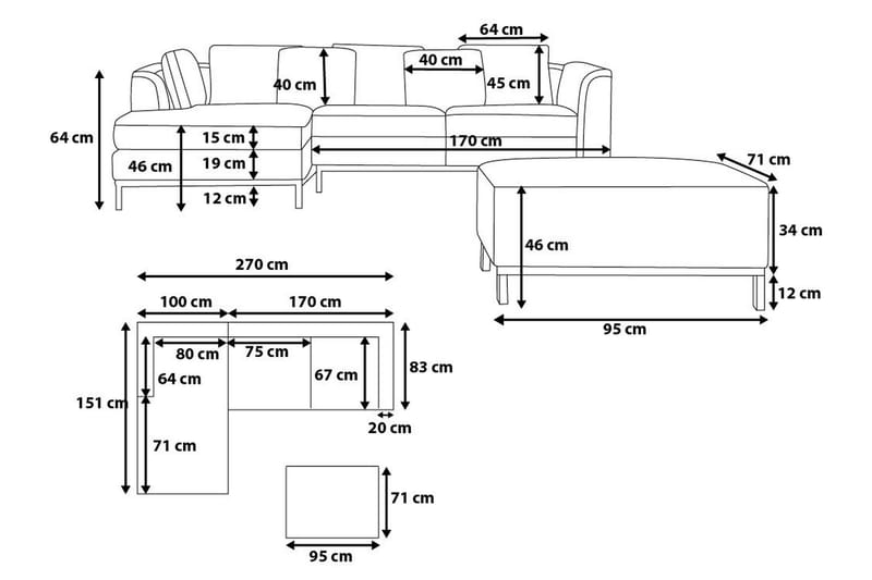 Hjørnesofa Sharmon Høyre + Fotskammel - Mørkegrå - Møbler - Sofaer - Sofaer med sjeselong - 4 seters sofa med divan