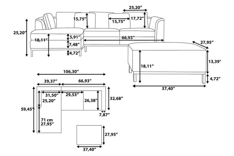 Hjørnesofa Sharmon Høyre + Fotskammel - Mørkegrå - Møbler - Sofaer - Sofaer med sjeselong - 4 seters sofa med divan