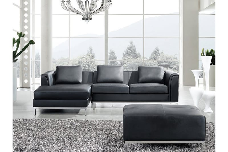 Hjørnesofa Sharmon Høyre + Fotskammel - Svart/Lær - Møbler - Sofaer - Sofaer med sjeselong - 4 seters sofa med divan