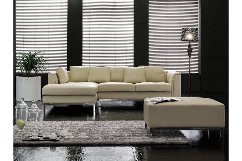 Hjørnesofa Sharmon Høyre + Fotskammel - Beige/Lær - Møbler - Sofaer - Sofaer med sjeselong - 4 seters sofa med divan