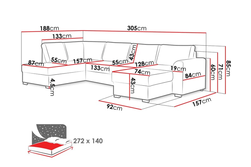 Taberk Sofa med Sjeselong og Divan 4-seter - Lys grå - Møbler - Sofaer - Sofaer med sjeselong - 4 seters sofa med divan