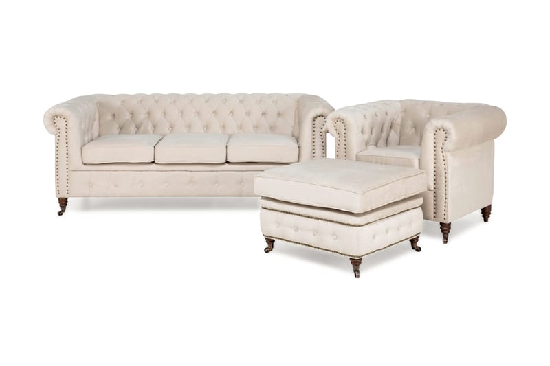 Sofagruppe Chester Deluxe 3-seter+Lenestol+Fotskammel Fløyel - Beige - Møbler - Sofaer - Sofagrupper - Howard sofagruppe