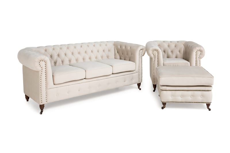 Sofagruppe Chester Deluxe 3-seter+Lenestol+Fotskammel Fløyel - Beige - Møbler - Sofaer - Sofagrupper - Howard sofagruppe