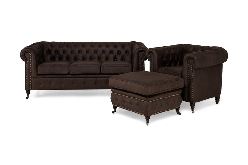 Sofagruppe Chester Deluxe 3-seter+Lenestol+Fotskammel - Mørkbrun - Møbler - Sofaer - Sofagrupper - Howard sofagruppe