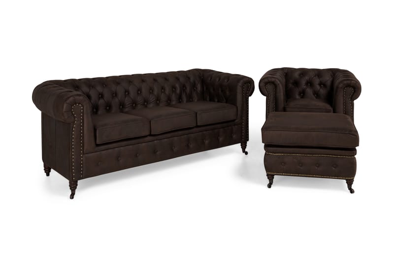 Sofagruppe Chester Deluxe 3-seter+Lenestol+Fotskammel - Mørkbrun - Møbler - Sofaer - Sofagrupper - Howard sofagruppe