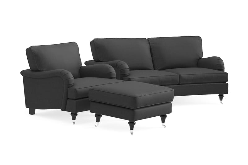 Sofagruppe Oxford Classic Buet 2-seter+Lenestol+Fotskammel - Mørk grå - Møbler - Sofaer - Sofagrupper - Howard sofagruppe