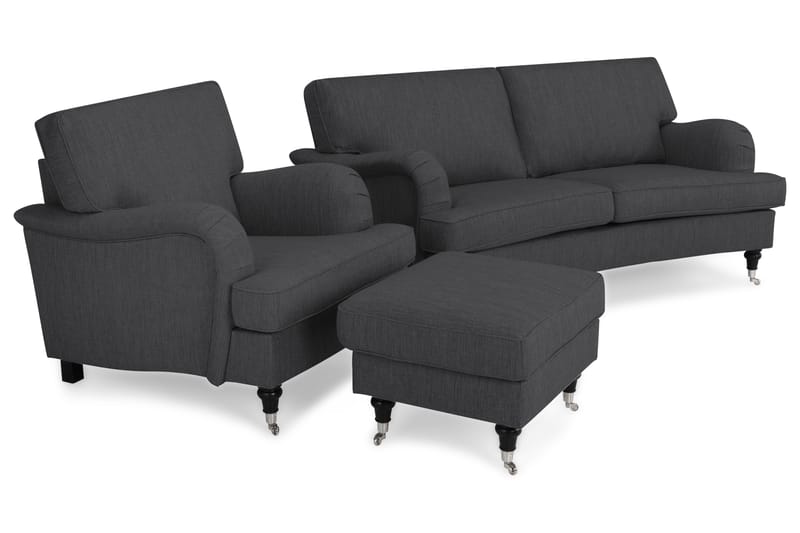 Sofagruppe Oxford Classic Buet 2-seter+Lenestol+Fotskammel - Antrasitt - Møbler - Sofaer - Sofagrupper - Chesterfield sofagruppe