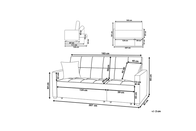 Sovesofa Glomma 207 cm - Svart | Grå - Møbler - Sofaer - Sovesofaer - 3 seters sovesofa