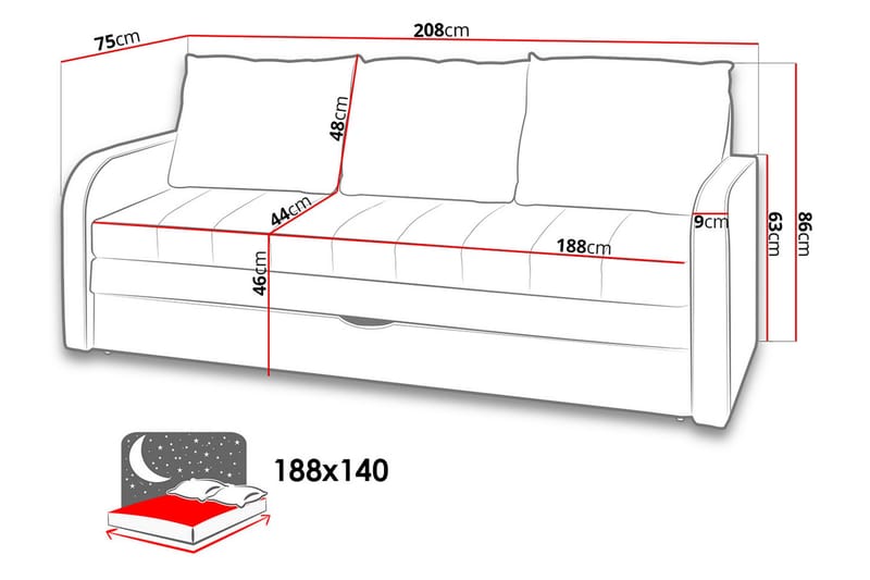 Sovesofa Lido 208x75x86 cm - Grå - Møbler - Sofaer - Sovesofaer - 3 seters sovesofa