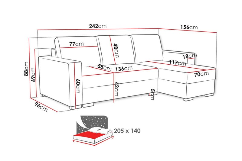 3-seters Hjørnesovesofa Denegal - Lysegrå - Møbler - Sofaer - Sovesofaer - Hjørnesovesofa