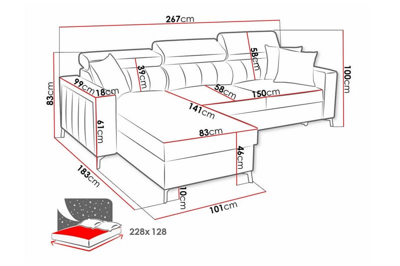 3-seters Hjørnesovesofa Galbally - Rosa - Møbler - Sofaer - Sovesofaer - Hjørnesovesofa