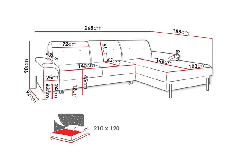 3-seters Hjørnesovesofa Messner - Rød - Møbler - Sofaer - Sovesofaer - Hjørnesovesofa