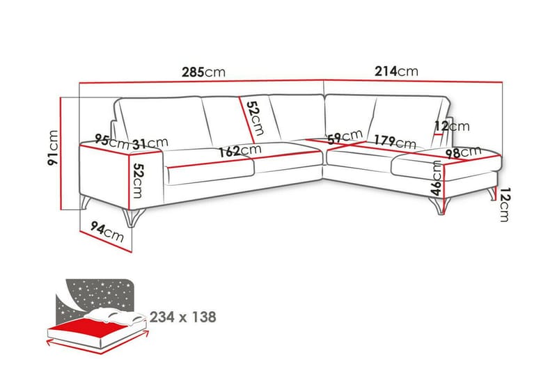 4-seters Hjørnesovesofa Derry 285 cm - Mørkegrå - Møbler - Sofaer - Sovesofaer - Hjørnesovesofa