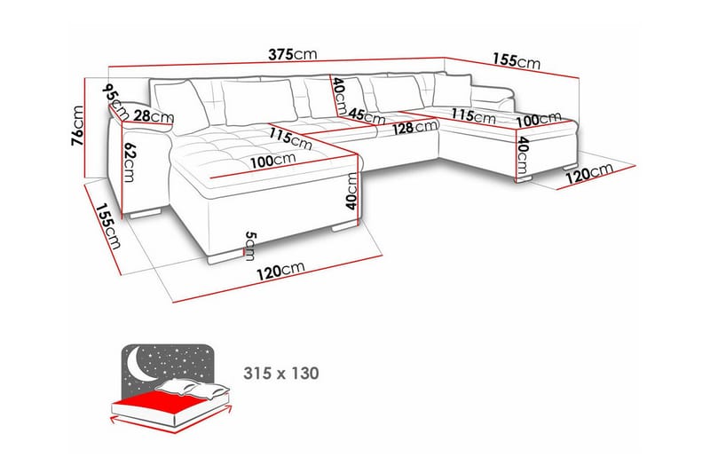 4-seters Hjørnesovesofa Kintore 375 cm - Lysegrå - Møbler - Sofaer - Sovesofaer - Hjørnesovesofa