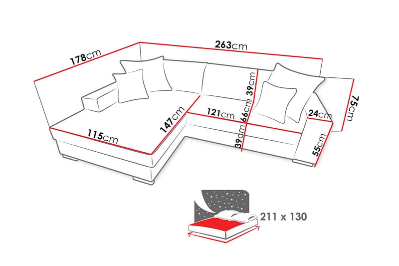 Divansovesofa Mexico 262x178x75 cm - Møbler - Sofaer - Sovesofaer - Sovesofa divan