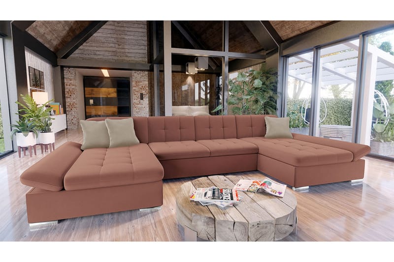 Sovesofa Dobbeldivan Eyman 4-seters 360x130 cm U-formet - Rosa - Møbler - Sofaer - Sovesofaer - Sovesofa divan